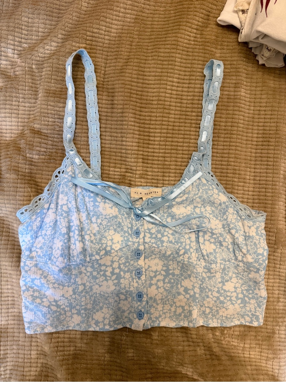 La Hearts Pale Blue Floral Button-Front Cami with Lace Trim